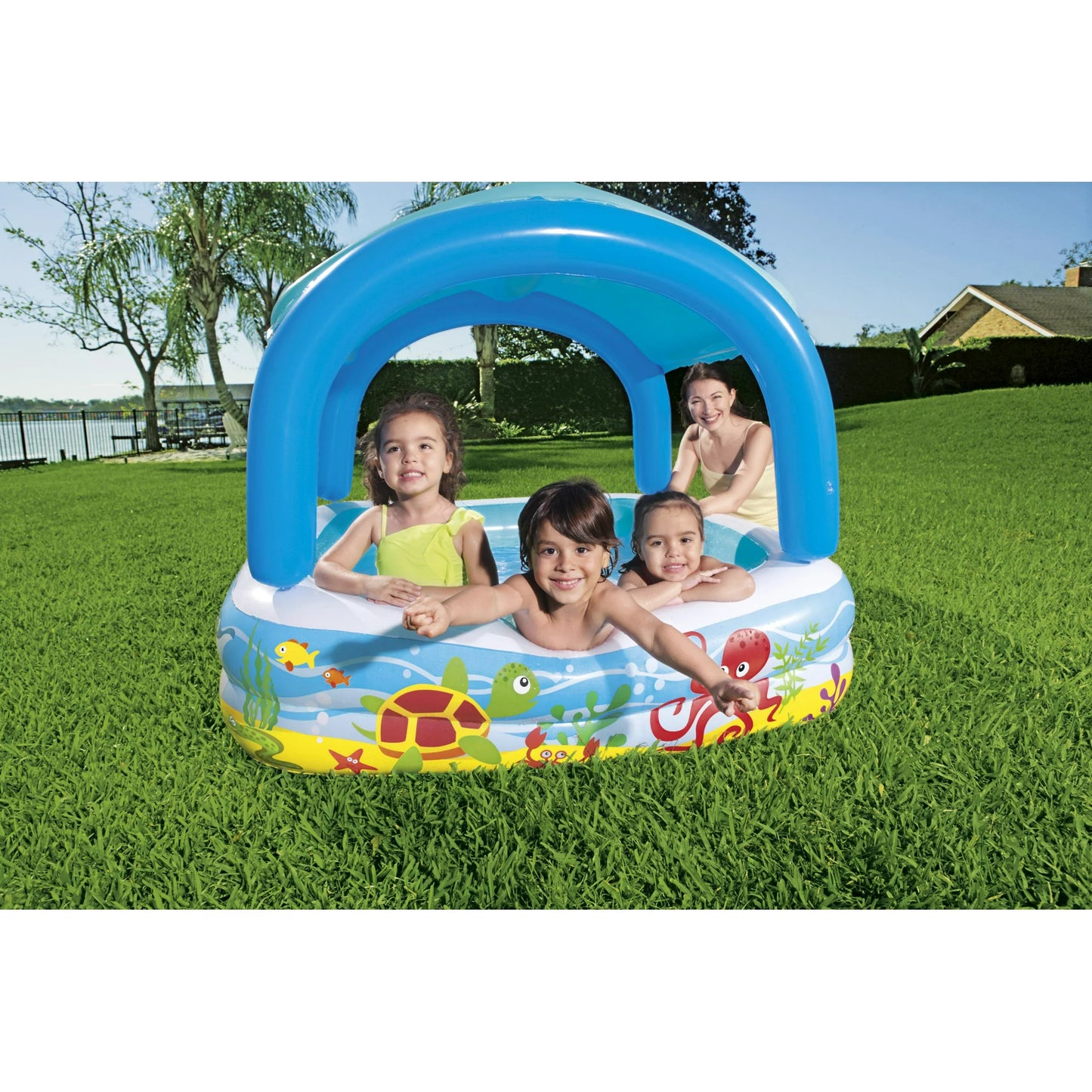 Ultimate 55" x 55" Square Kiddie Pool with Detachable Canopy and UV Protection - Enjoy Shaded Outdoor Fun