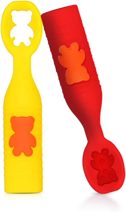 Silicone Baby Spoons Set for Ages 6-24 Months, Red and Yellow - Self-Feeding and Teething Aid