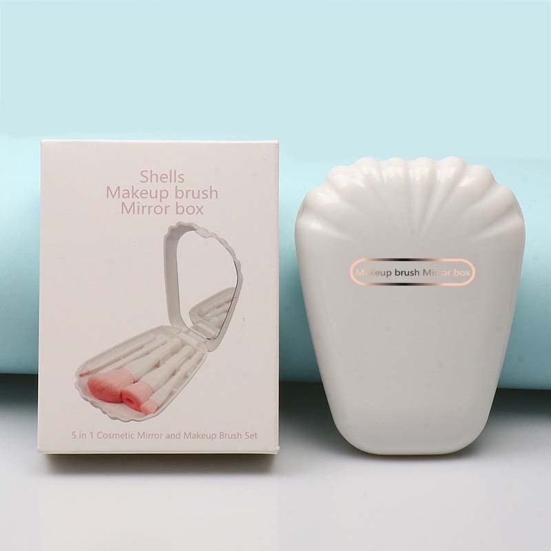 Shell 5-Piece Mini Makeup Brush Set with Mirror - Complete Portable Cosmetic Kit
