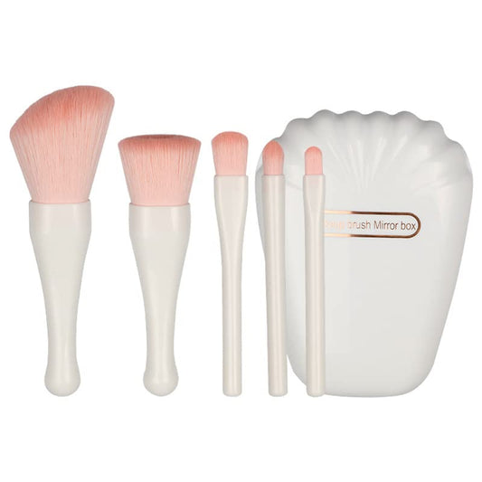 Shell 5-Piece Mini Makeup Brush Set with Mirror - Complete Portable Cosmetic Kit