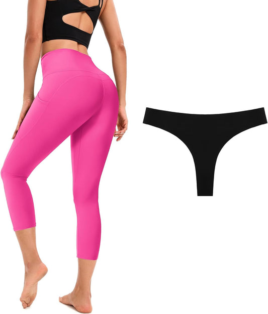 Pink High Waisted Capris Leggings with Pockets for Workout & Yoga