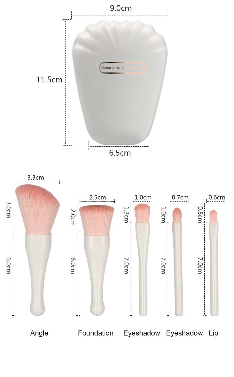 Shell 5-Piece Mini Makeup Brush Set with Mirror - Complete Portable Cosmetic Kit