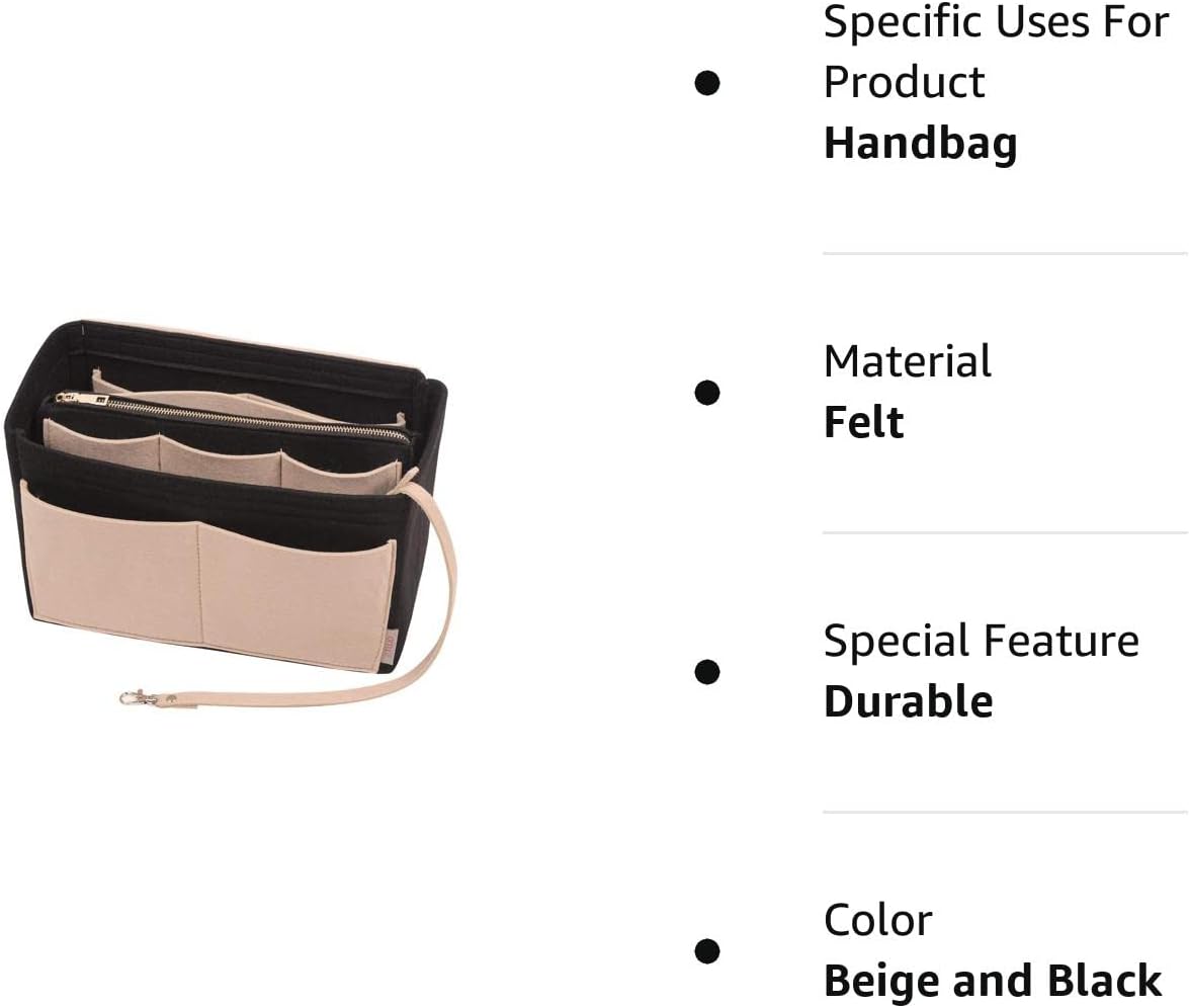 Medium Size Maximize Handbag Functionality: Felt Organizer Insert with Metal Zipper for Tote and Speedy Bags - Beige and Black
