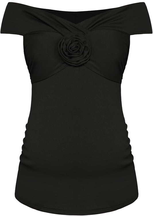 Chic Black Large Maternity Off Shoulder Top with 3D Flowers and Side Ruching - Fits Throughout Pregnancy
