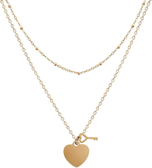 20"+2" 18K Gold Plated Heart Key Pendant Necklace w/ 18"+2" Choker