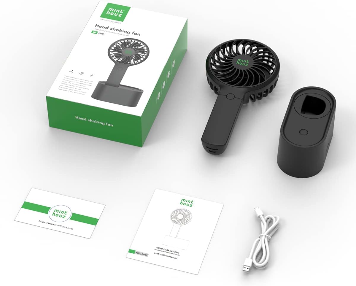 Compact Black Handheld Fan with 90° Auto-Rotate & USB Rechargeable Battery - 3 Speeds, Perfect for Travel