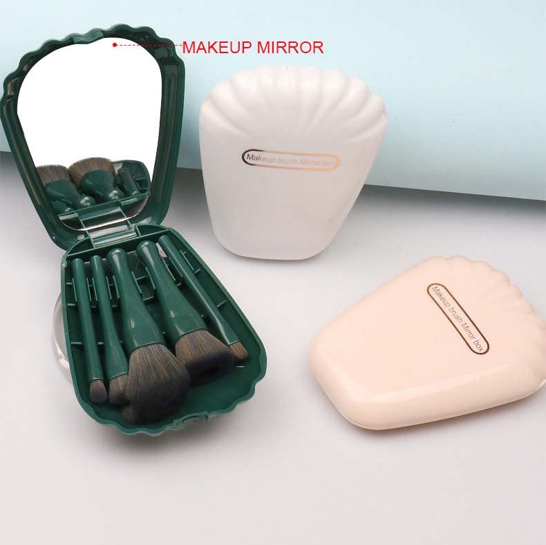 Shell 5-Piece Mini Makeup Brush Set with Mirror - Complete Portable Cosmetic Kit