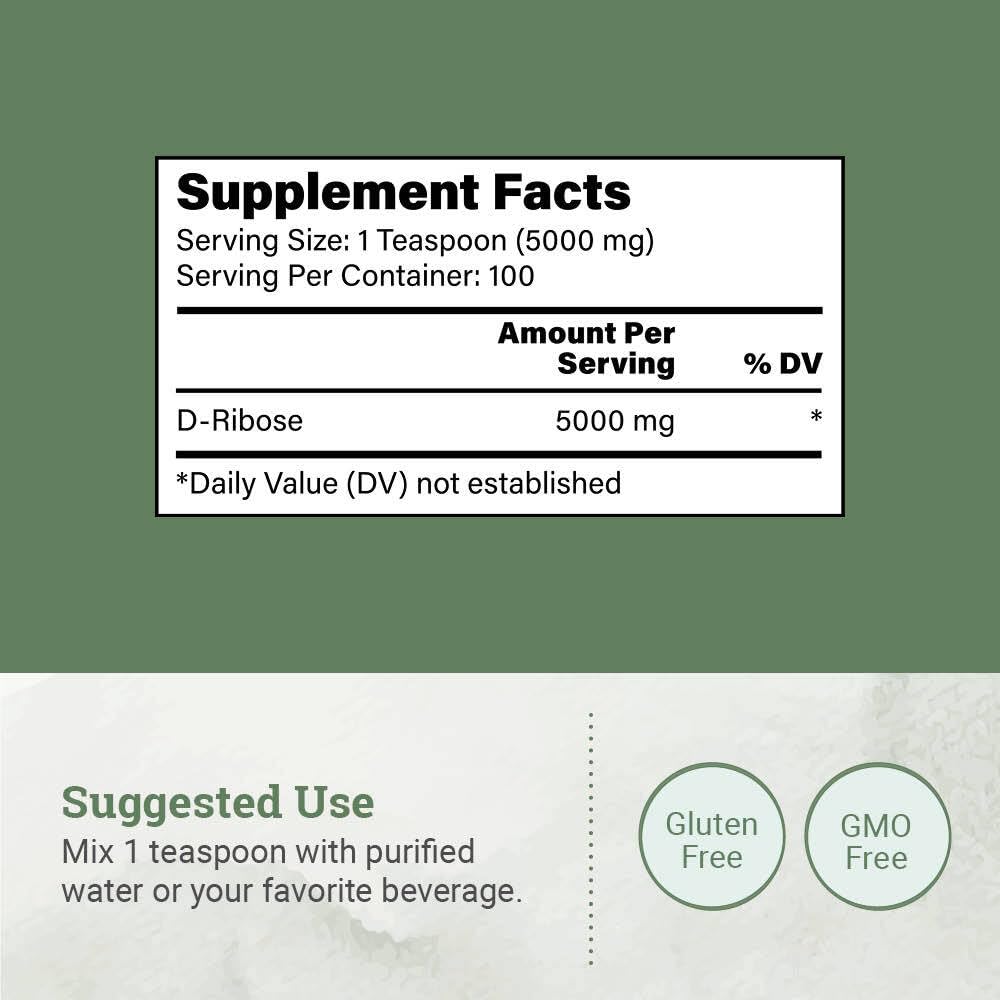 D-Ribose Powder 5000 mg (5 g) Energy Support, Post-Workout Recovery & Heart Health Support, Clean Vegan, No GMO, Sugar, Gluten or Additives, 17.6 oz (499 g)