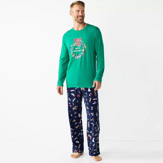 Size L Men's Happy Howlidays Pajama Set: Crewneck Top & Cozy Elastic Pants for Family Fun