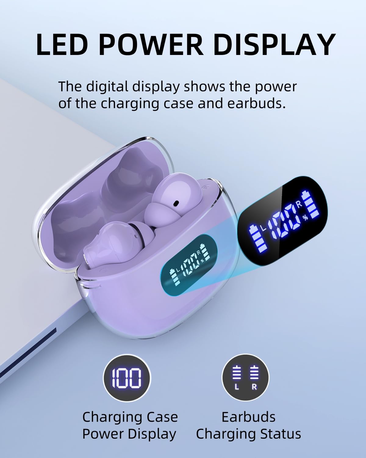 Purple P1 PRO Wireless Earbuds with Clear Call, 30H Playtime, IPX7 Waterproof Bluetooth, Touch Controls, Compatible with iPhone, Android, Samsung, Laptop