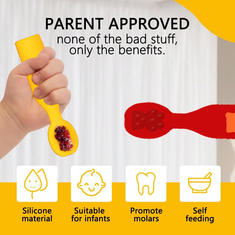 Silicone Baby Spoons Set for Ages 6-24 Months, Red and Yellow - Self-Feeding and Teething Aid