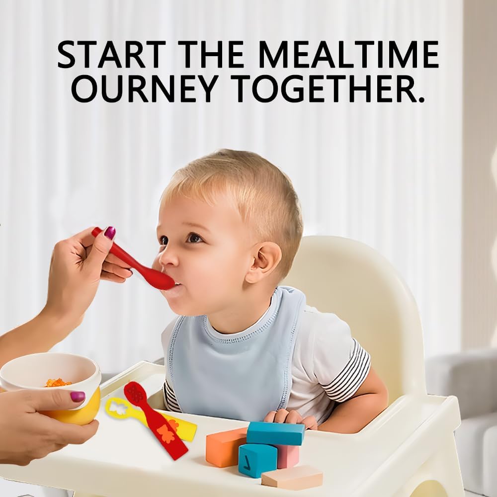 Silicone Baby Spoons Set for Ages 6-24 Months, Red and Yellow - Self-Feeding and Teething Aid