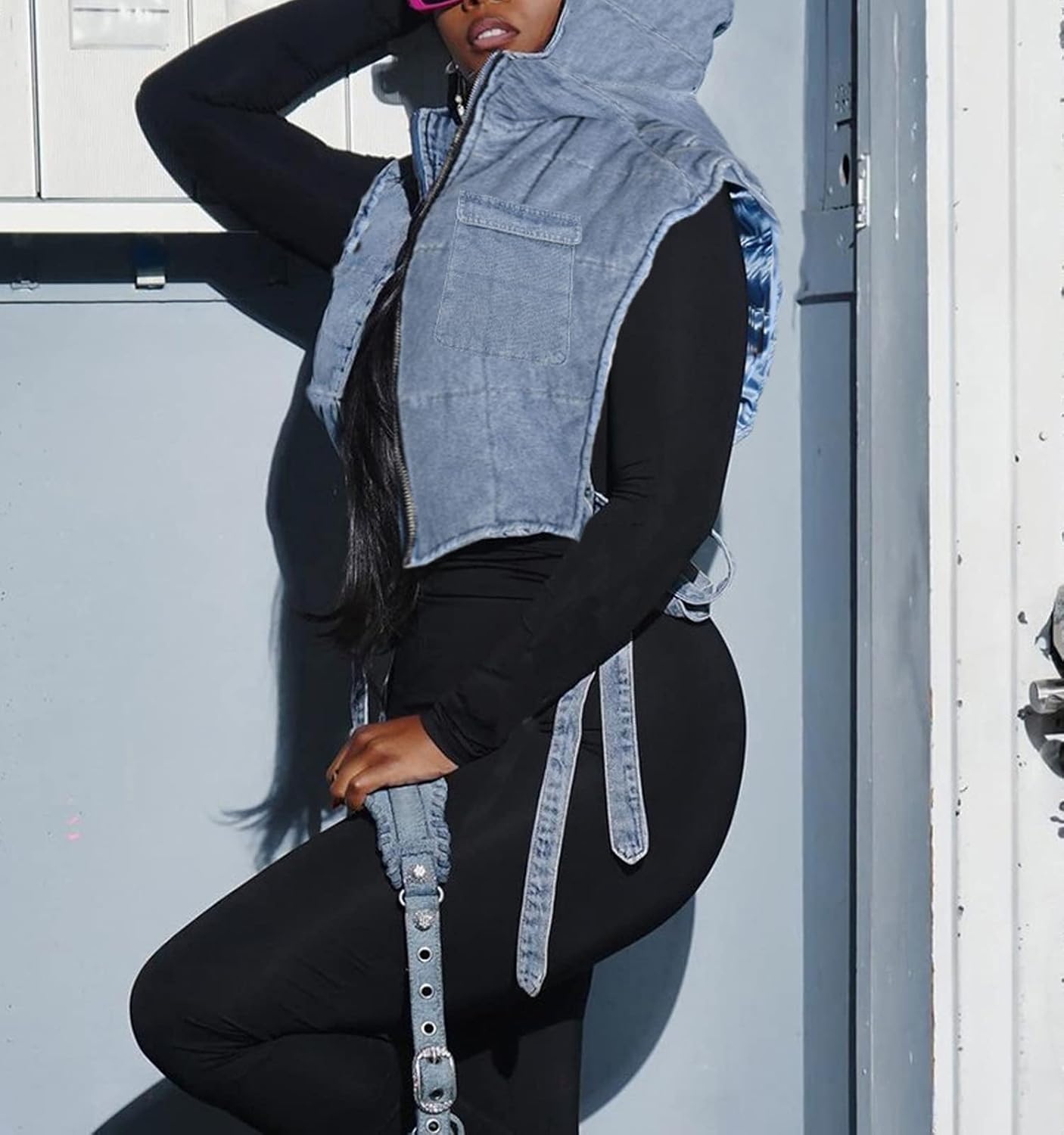 Light-Blue Womens Small Cropped Puffer Vest with Hood, Sleeveless Jean Bubble Coat