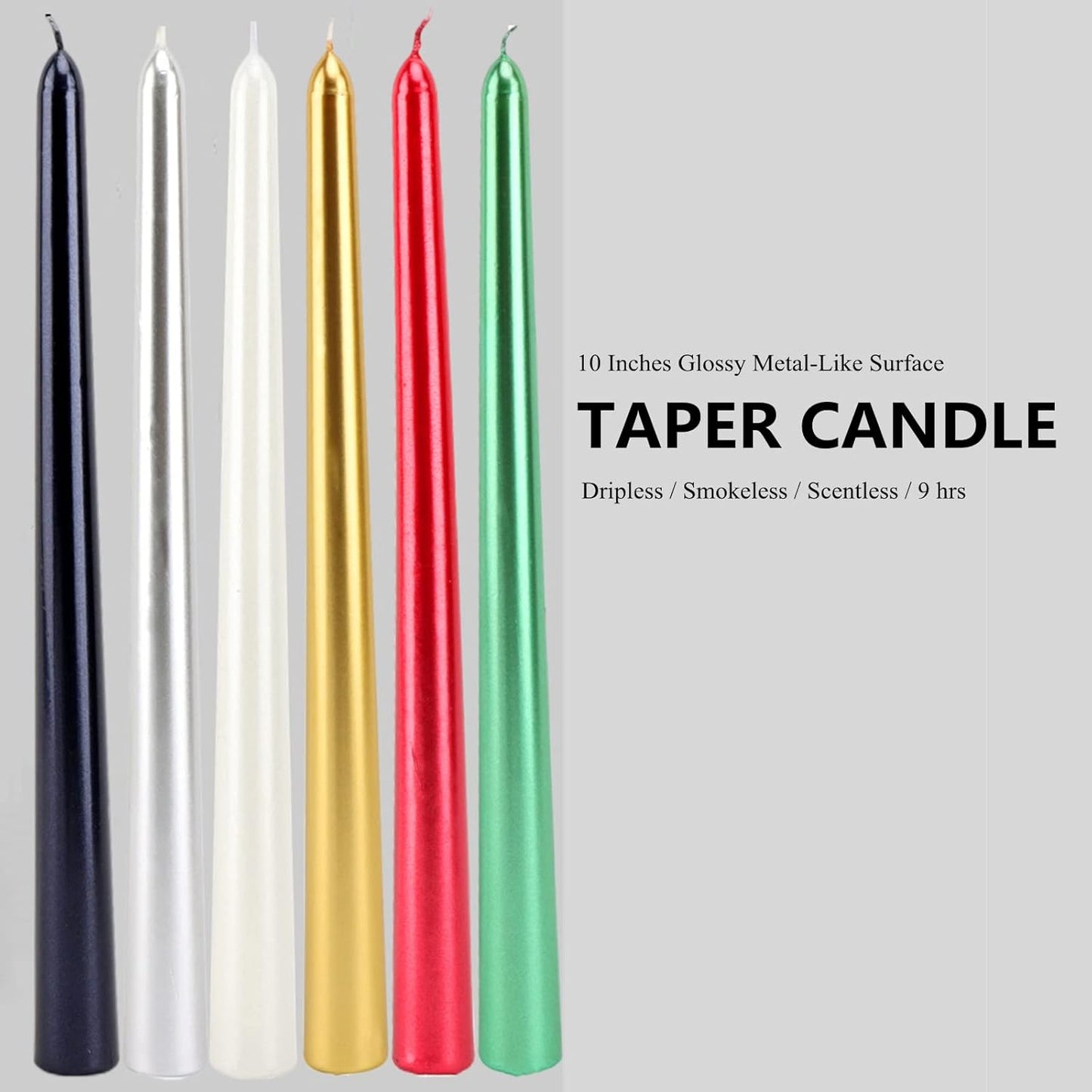 Elegant Metal Style Black Taper Candlesticks - 4 Pack, Dripless 10" Candles