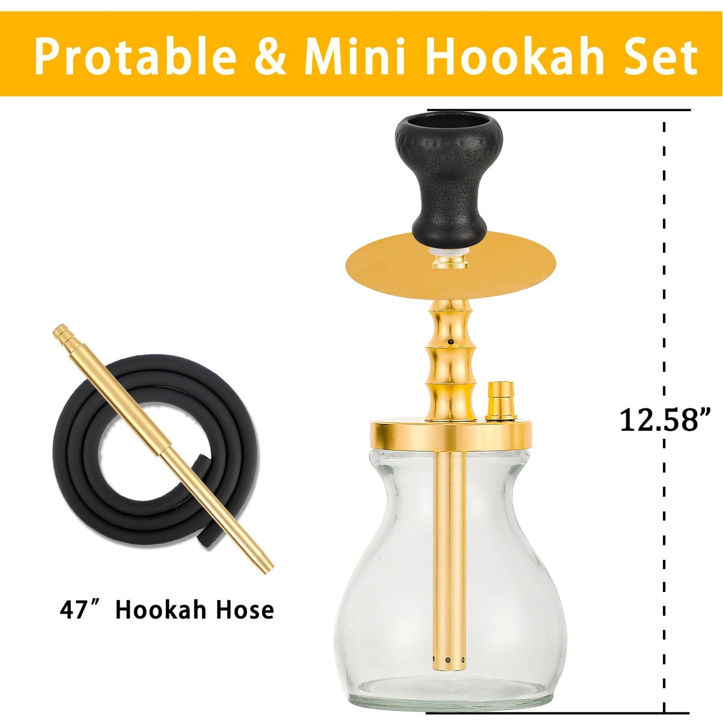 Portable Mini Hookah Set with Ceramic Bowl, Silicone Hose, Glass Vase, Travel Bag, Hookah Tips, Foil and Tongs, Black