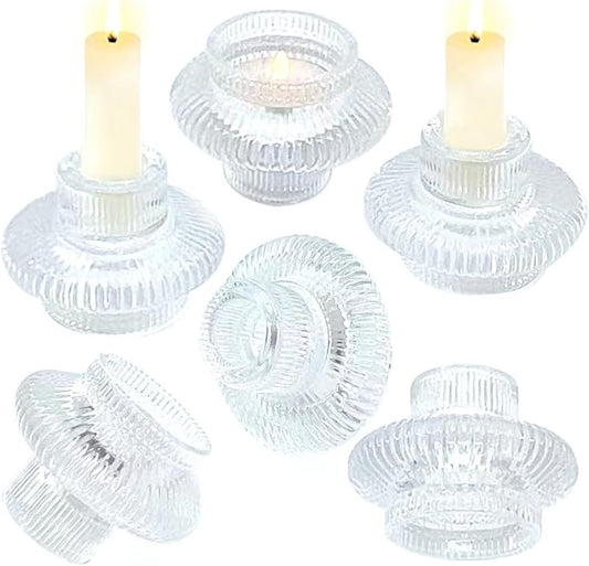 Dual-Sided Clear Glass Candlestick Holders for Tapered & Tealight Candles - Ideal for Weddings & Home Decor