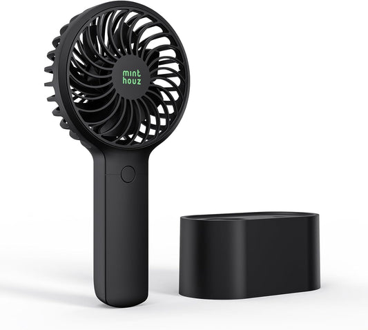 Compact Black Handheld Fan with 90° Auto-Rotate & USB Rechargeable Battery - 3 Speeds, Perfect for Travel