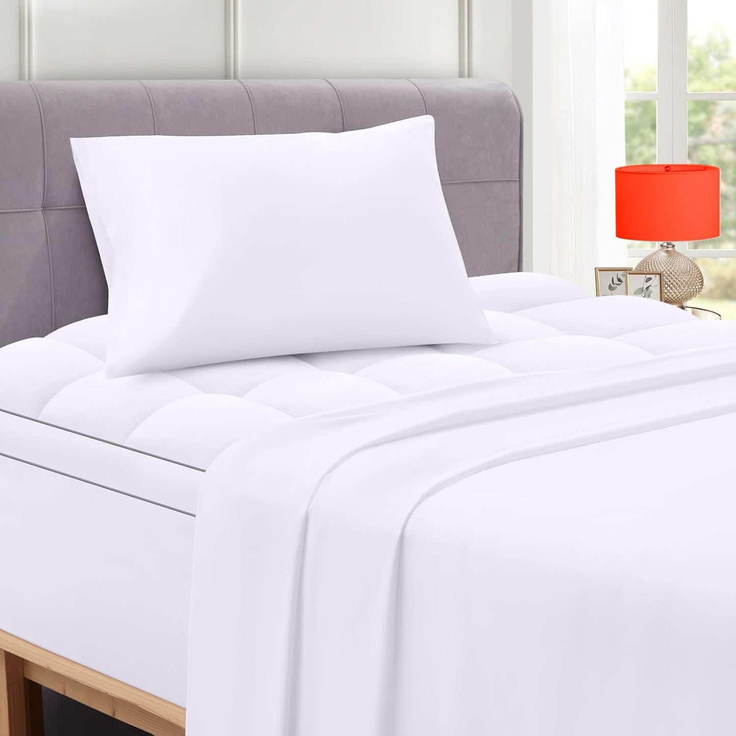Twin XL Mattress Topper with Flat Sheet & Pillowcase Set - Enhances Comfort and Cooling, White