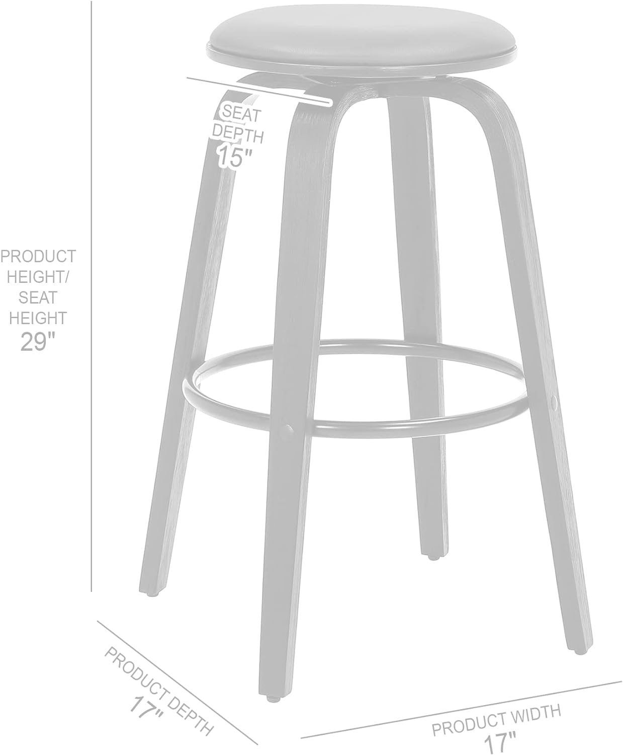 Sleek 30" Bar Height Swivel Stool in Grey Faux Leather & Black Wood - Mid-Century Modern, Backless Design with 360-Degree Swivel