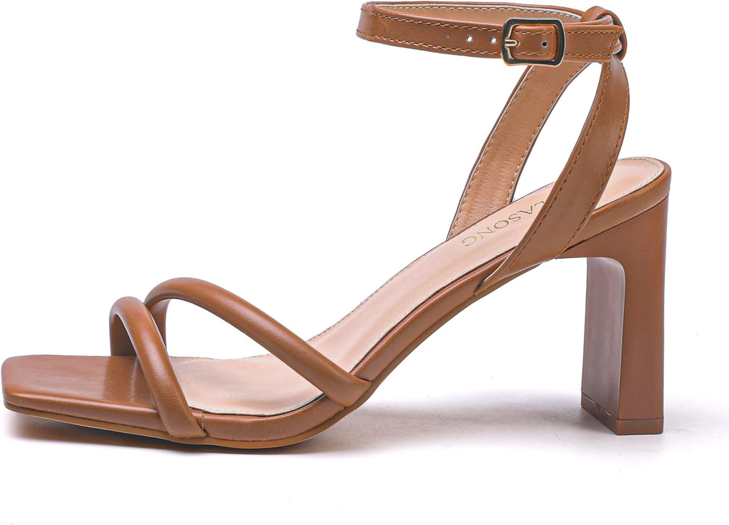 Size 6 Women's Tan Strappy Heeled Sandals: Elegant Square Toe & Chunky Heels
