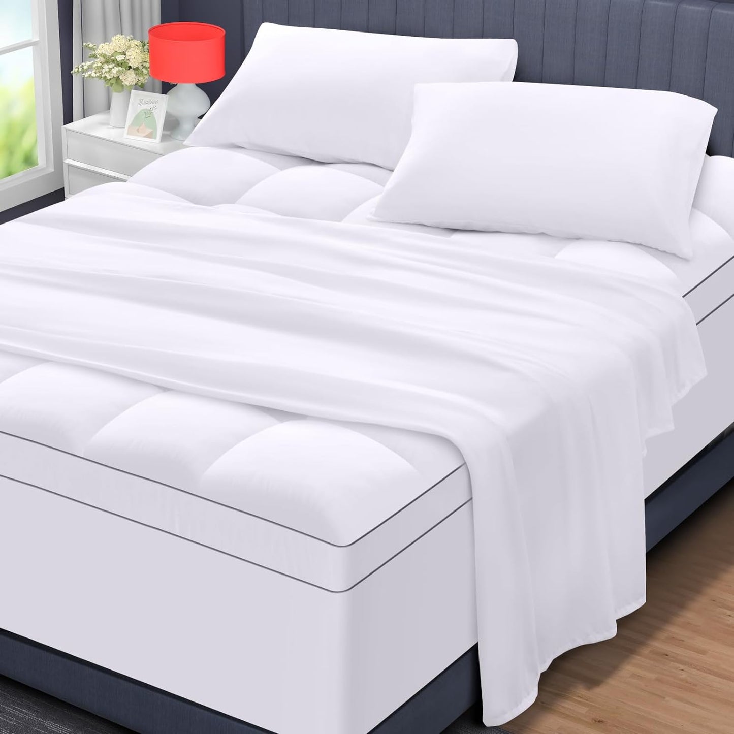Full Size Mattress Topper Set with Flat Sheet & Pillowcases for Enhanced Comfort - Fits 8-21 Inch Deep Mattresses
