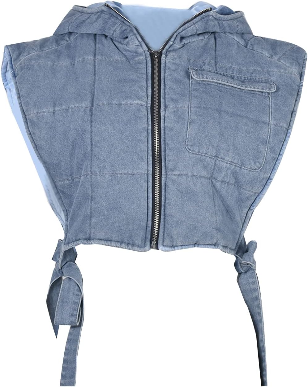 Light-Blue Womens Small Cropped Puffer Vest with Hood, Sleeveless Jean Bubble Coat