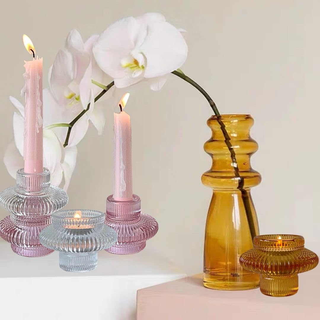 Dual-Sided Clear Glass Candlestick Holders for Tapered & Tealight Candles - Ideal for Weddings & Home Decor