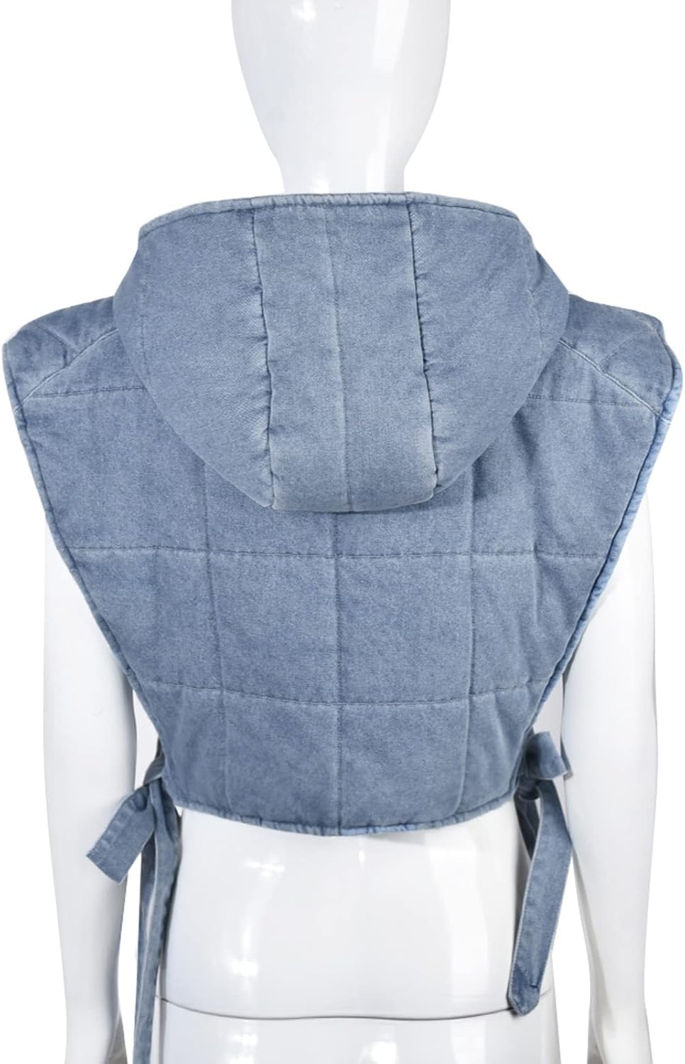 Light-Blue Womens Small Cropped Puffer Vest with Hood, Sleeveless Jean Bubble Coat