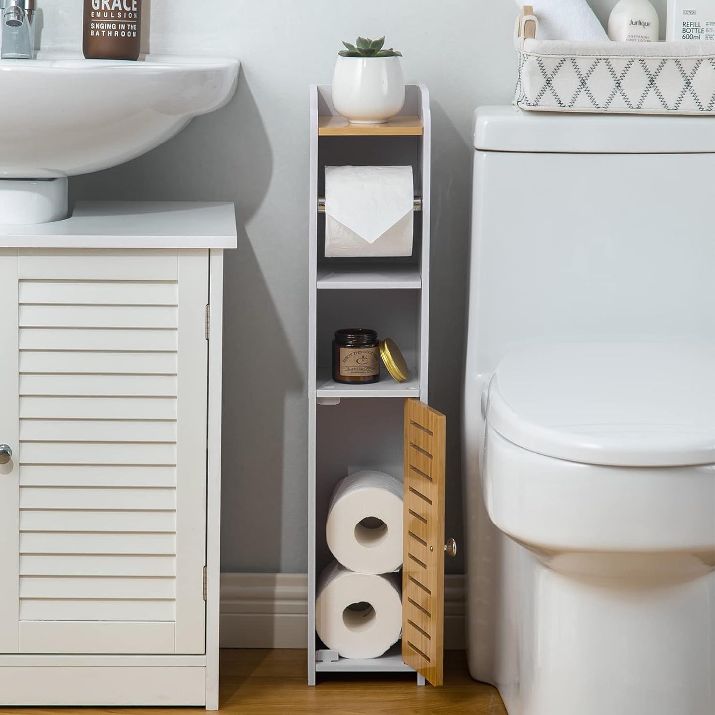 Small Bathroom Storage Cabinet with Toilet Paper Holder – White Bamboo Design