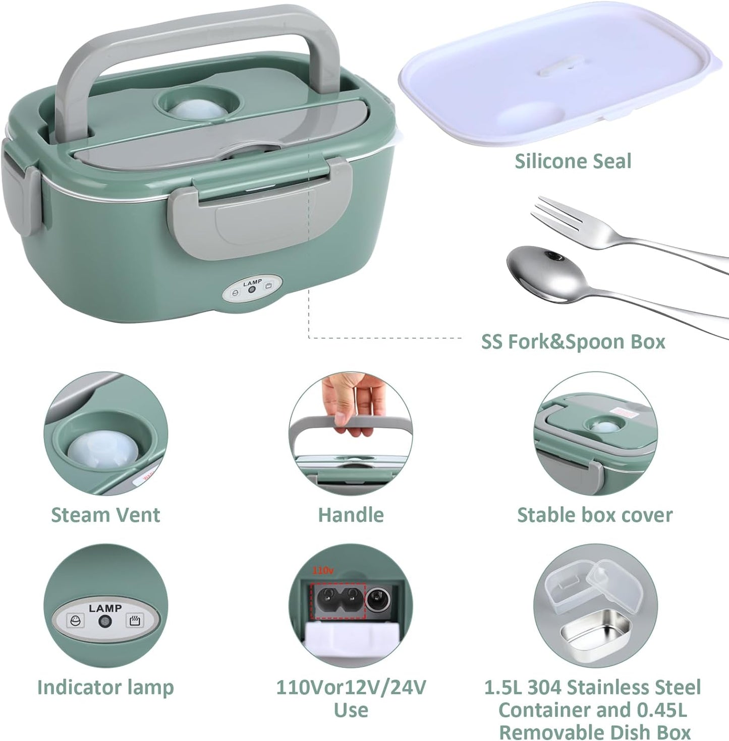 Heated Lunch Box with Fast 100W Heating, Portable for Cars, Trucks & Office - Green