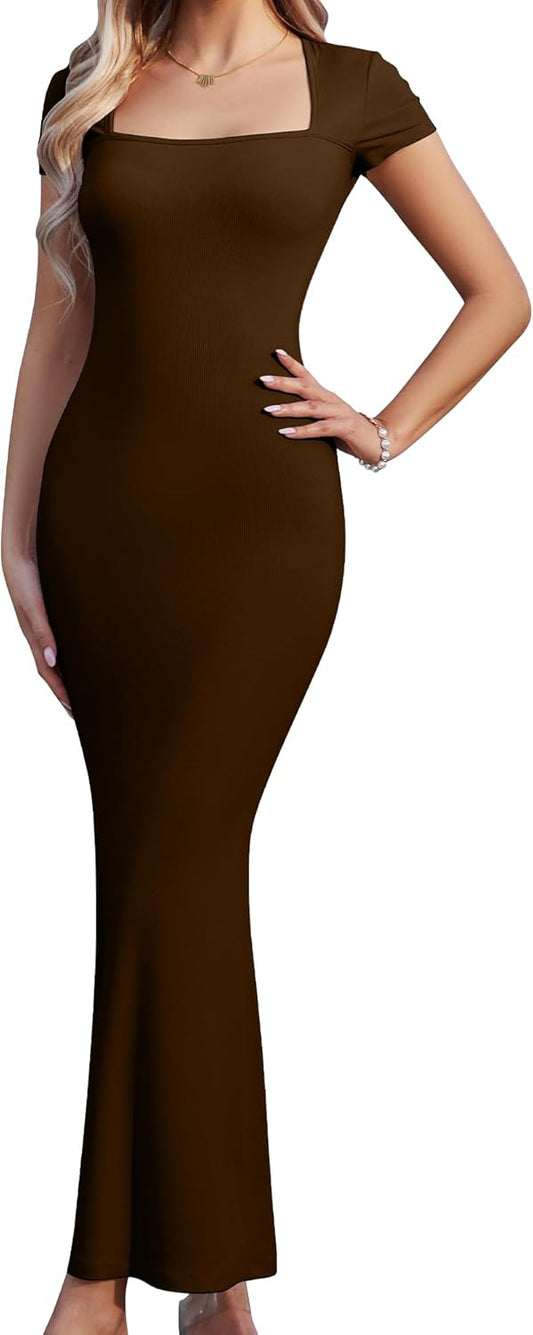 Coffee XS Elegant Square Neck Maxi Dress for Special Occasions