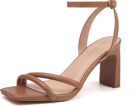 Size 6 Women's Tan Strappy Heeled Sandals: Elegant Square Toe & Chunky Heels