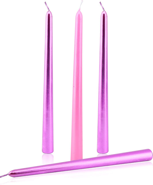 Set of 4 Dripless Taper Candlesticks - 3 Metallic Purple & 1 Pink, 10 Inches, Clean & Smokeless Burn for 9 Hours
