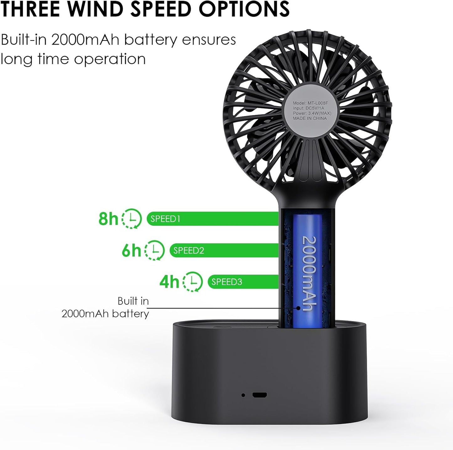 Compact Black Handheld Fan with 90° Auto-Rotate & USB Rechargeable Battery - 3 Speeds, Perfect for Travel
