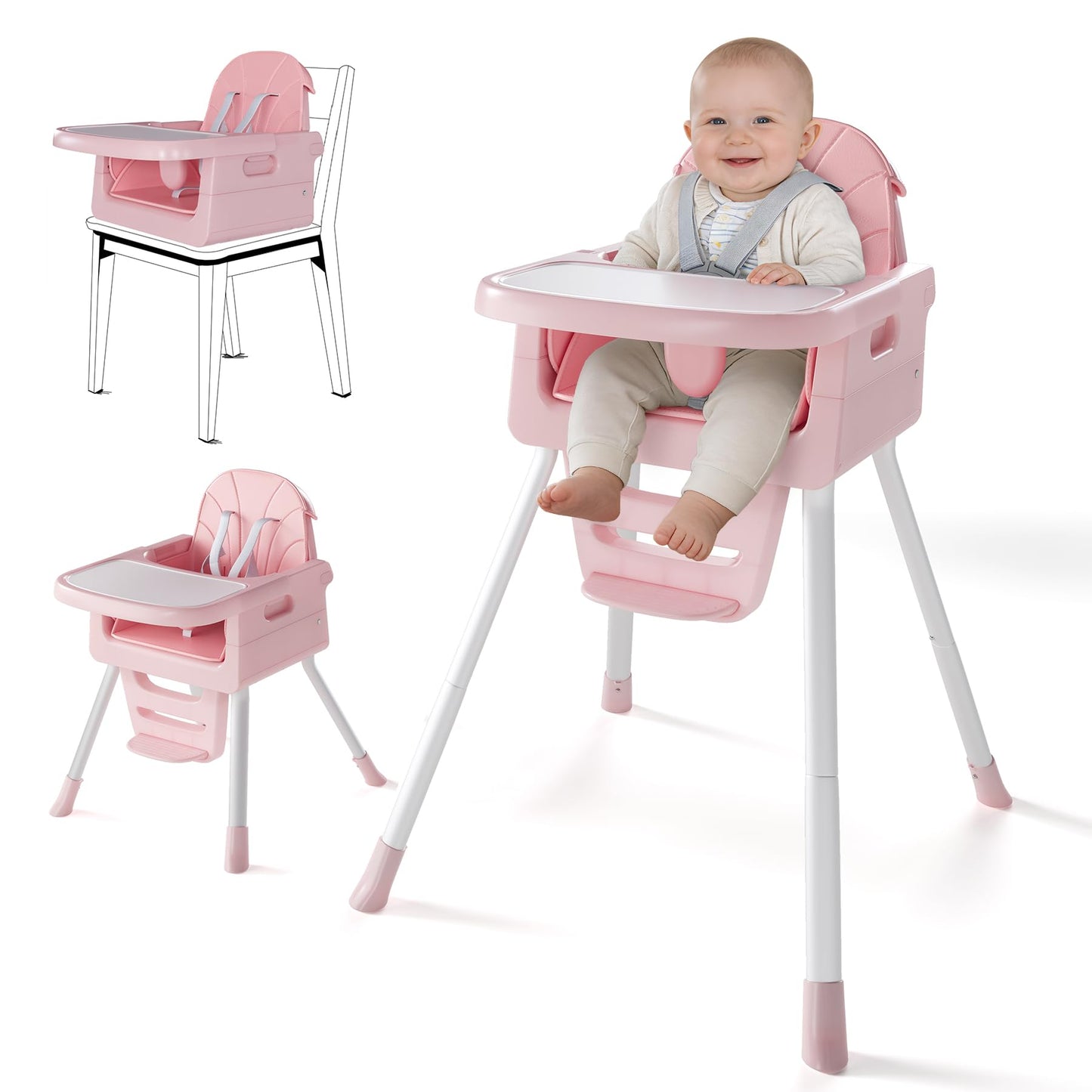 Foldable Baby High Chair with Removable Tray and 5-Point Safety Harness, White with Pink Cushion