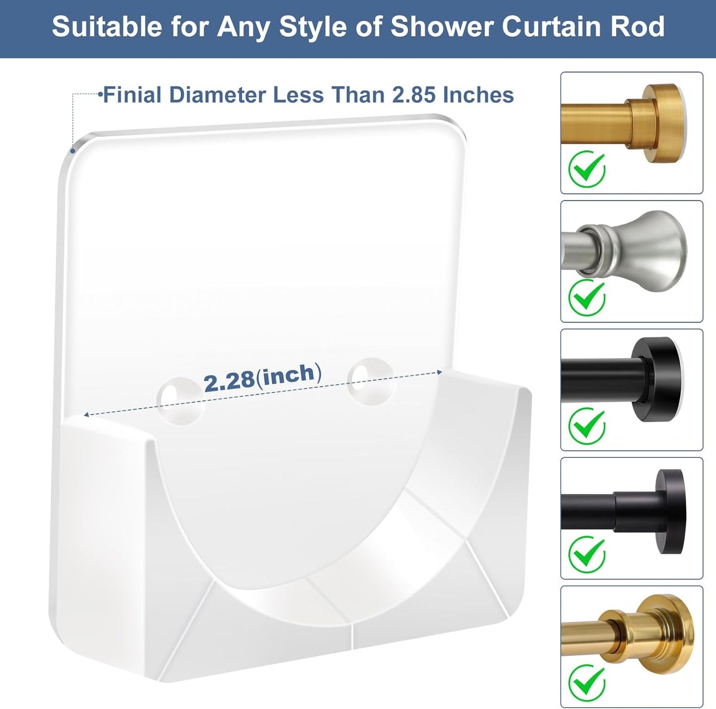 2 Pack Adhesive Shower Rod Holders, Transparent, Strong Grip for Bathroom - Fits Most Curtain Rods