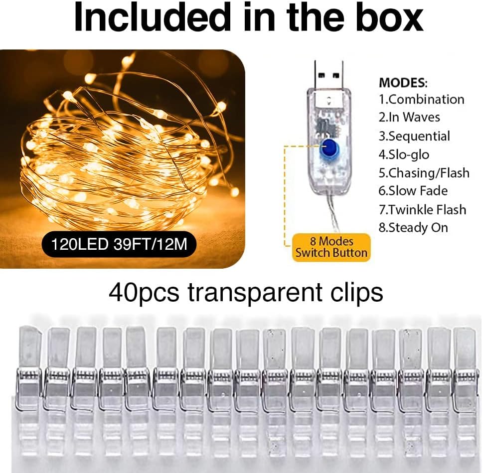 2-Pack Fairy Lights with Clips, 240 LEDs, 40 Photo Clips, USB, 39ft - Decor for Any Room
