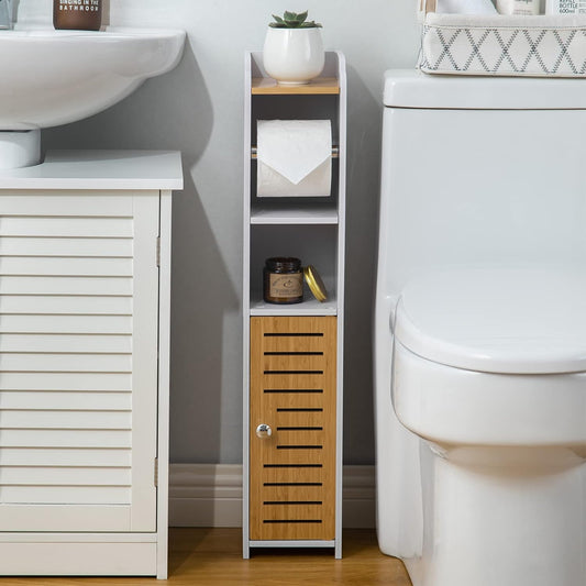 Small Bathroom Storage Cabinet with Toilet Paper Holder – White Bamboo Design