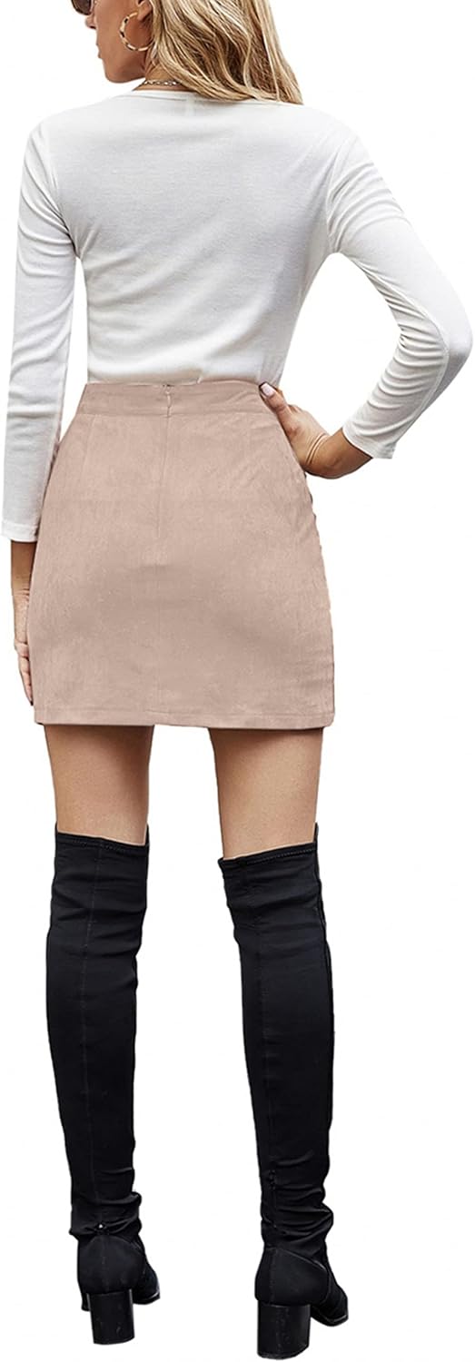 Medium Women's Faux Suede High Waist Button A-Line Mini Pencil Skirt in Beige