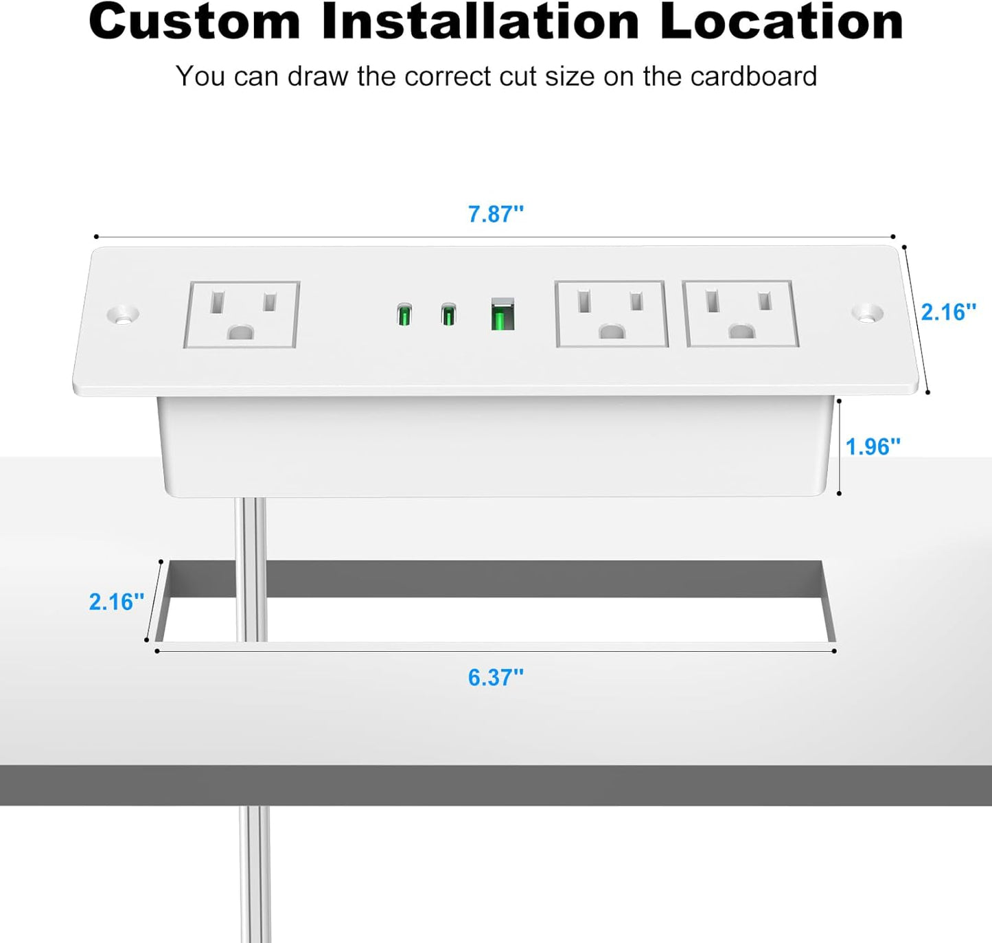 Recessed Power Strip USB C with 30W Delivery - 6FT Cable, 3 Outlets & 2 USB-C