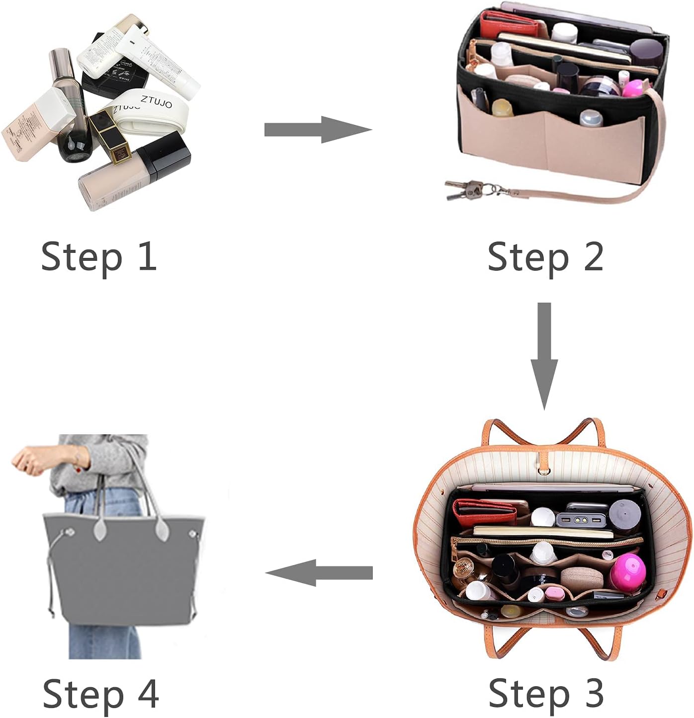 Medium Size Maximize Handbag Functionality: Felt Organizer Insert with Metal Zipper for Tote and Speedy Bags - Beige and Black