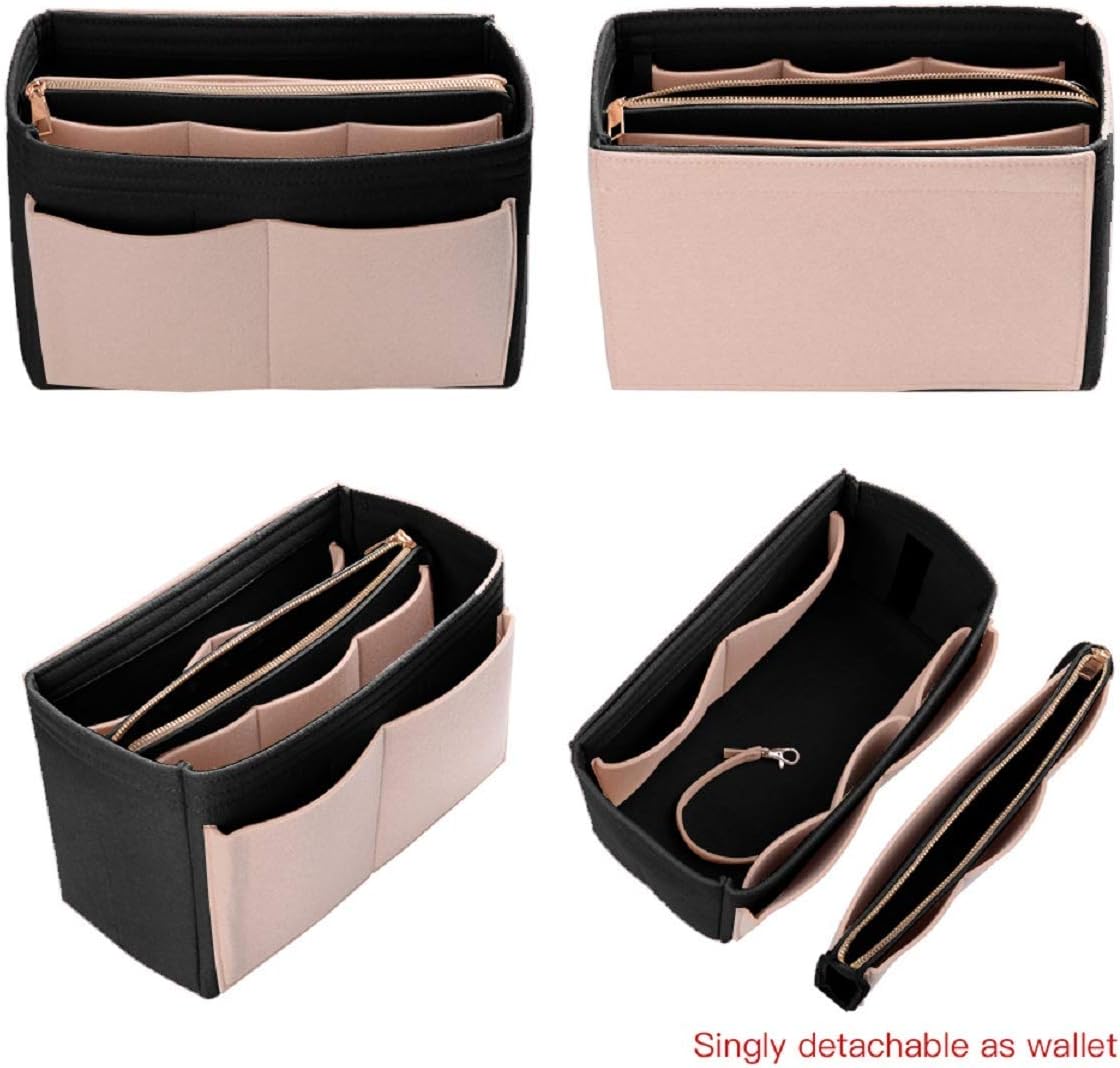 Medium Size Maximize Handbag Functionality: Felt Organizer Insert with Metal Zipper for Tote and Speedy Bags - Beige and Black