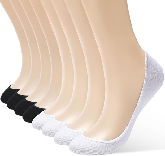 8 Pairs (4 White, 4 Black) Women's No Show Socks - Ultra Low Cut, Non-Slip Silicone Grip, Invisible Liner for Flats and Boat Shoes, US Sizes 5-9
