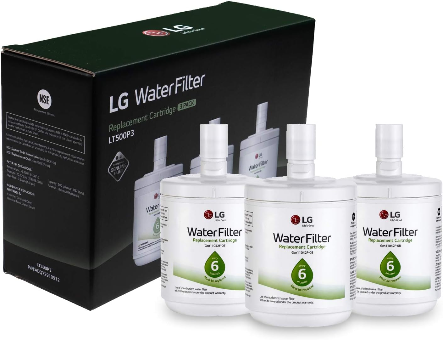 LG LT500P3 Refrigerator Water Filter 3-Pack, NSF Certified for Cleaner, Fresher Tasting Water