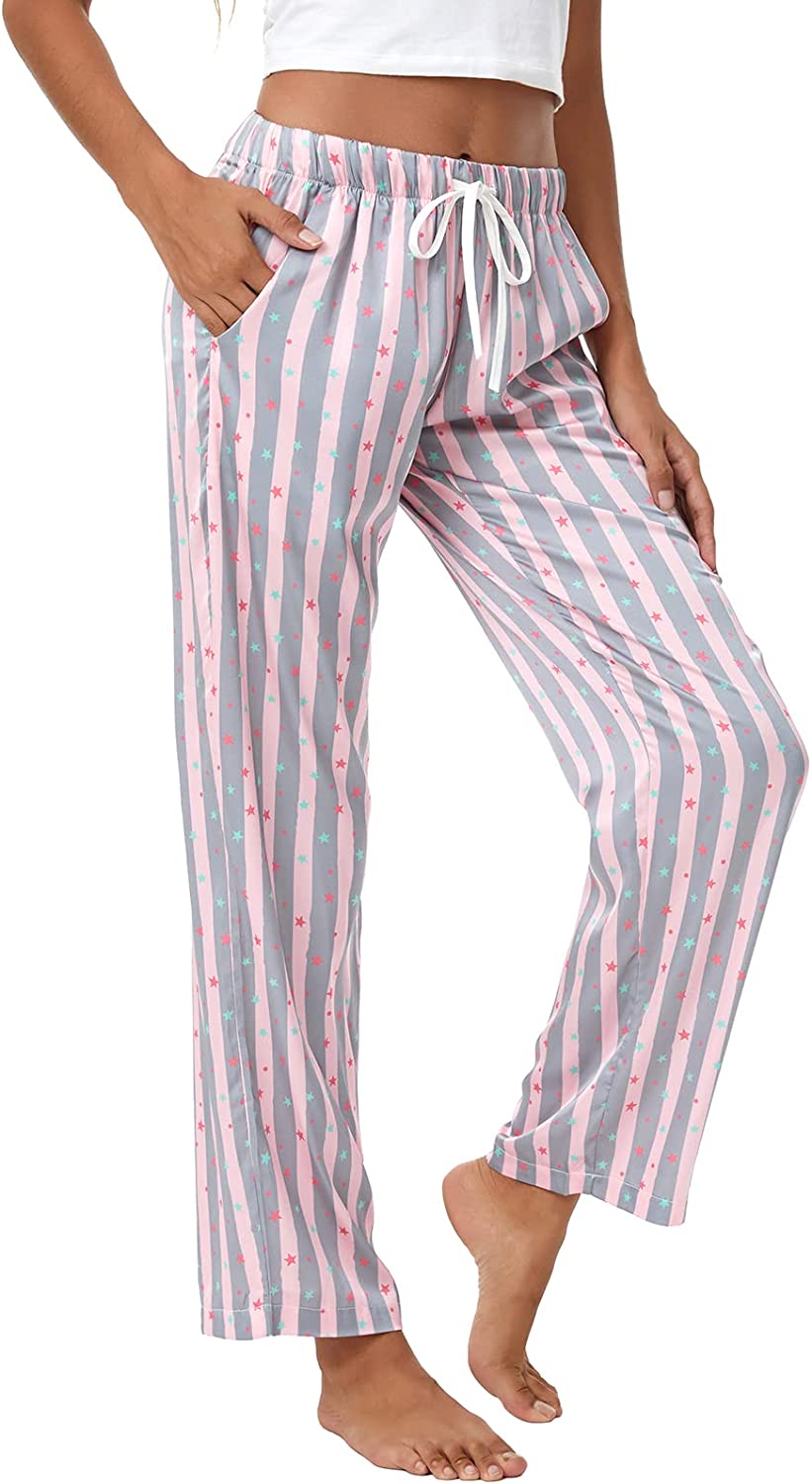 Satin Silk High Waist Wide Leg Drawstring Pajama Bottoms/Lounge Pants