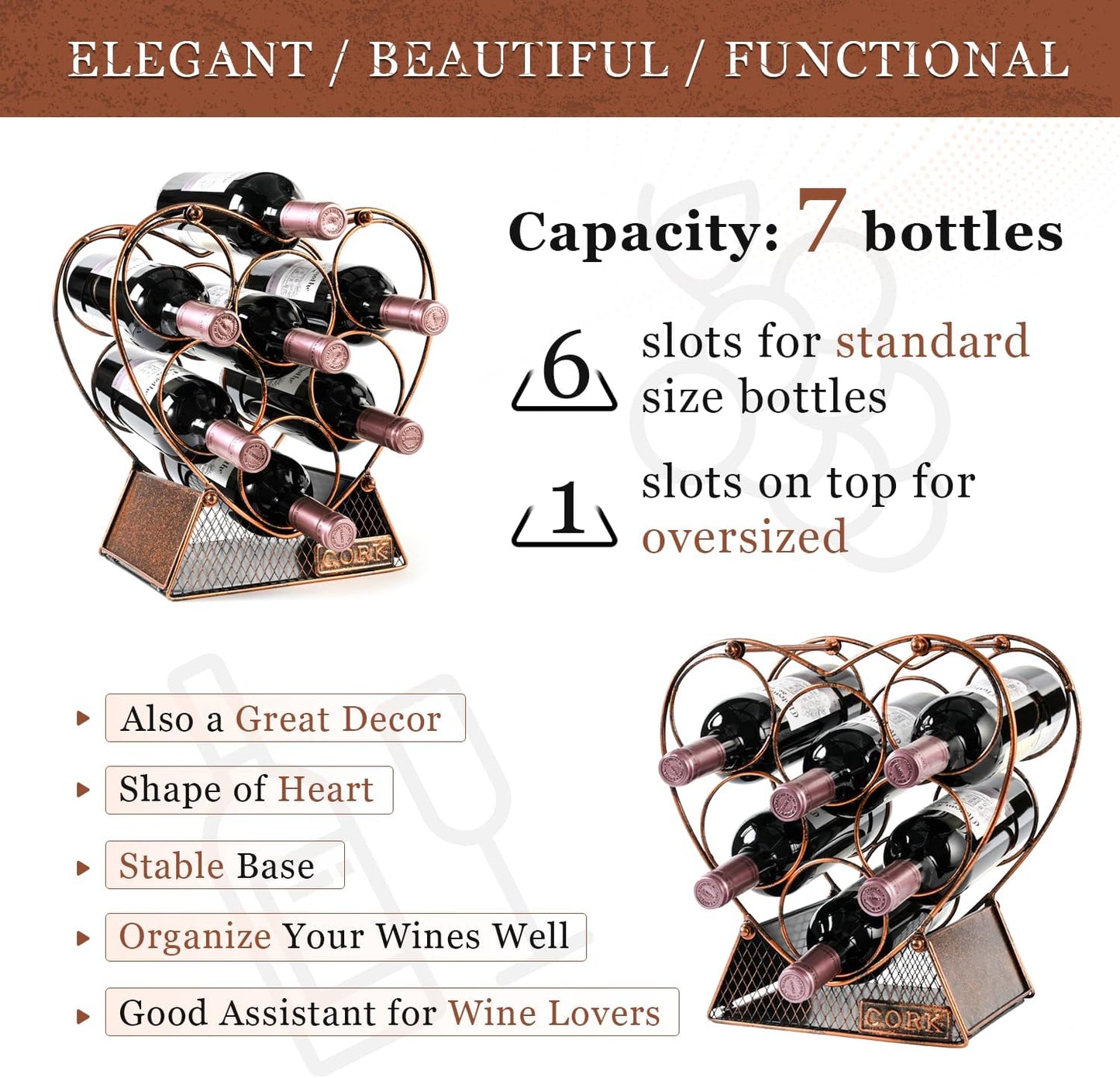 Heart Shape Metal Wine Rack for 7 Bottles - Perfect for Tabletop and Cabinet Storage
