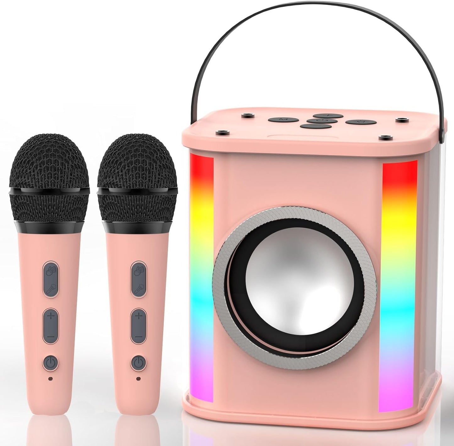 Pink Portable Bluetooth Karaoke Machine with Dynamic Lights & Dual Wireless Mics - Ideal for Home Parties
