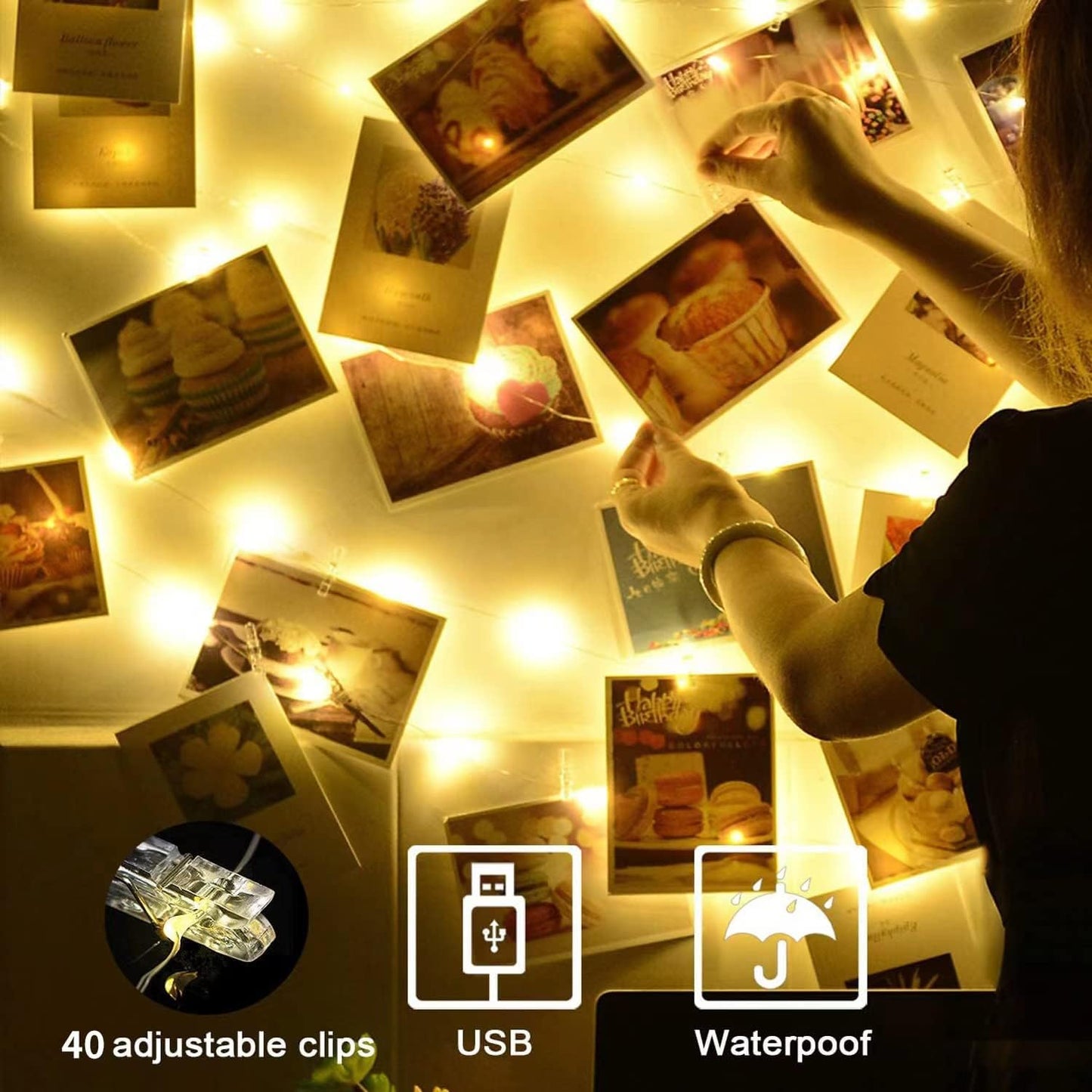 2-Pack Fairy Lights with Clips, 240 LEDs, 40 Photo Clips, USB, 39ft - Decor for Any Room