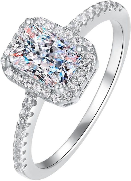 Size 7 S925 Silver Square High-Carbon Diamond Ring with Moissanite Accents