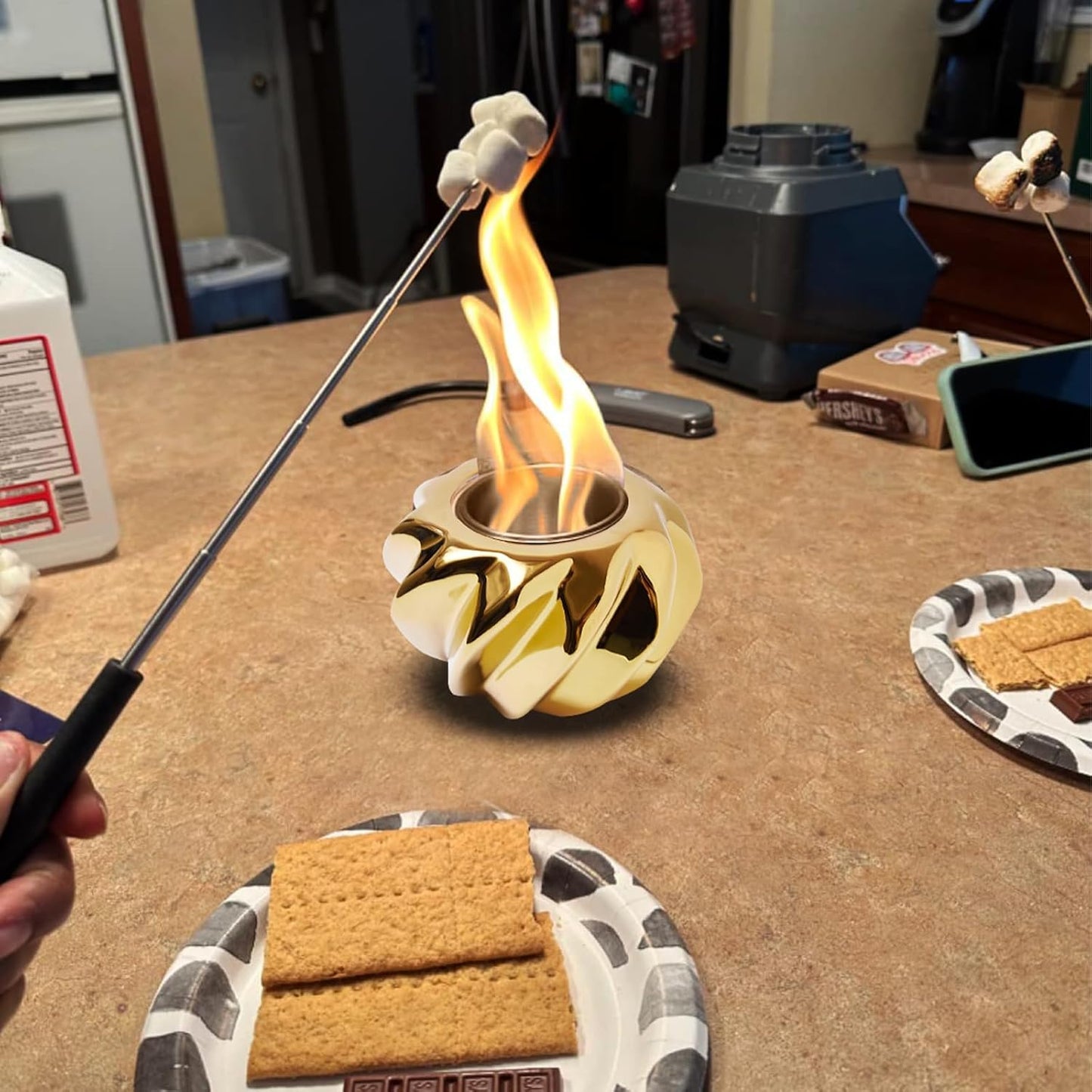 Compact Golden Tabletop Fire Pit - Perfect for Indoor & Outdoor Decor, Smoke-Free & Portable